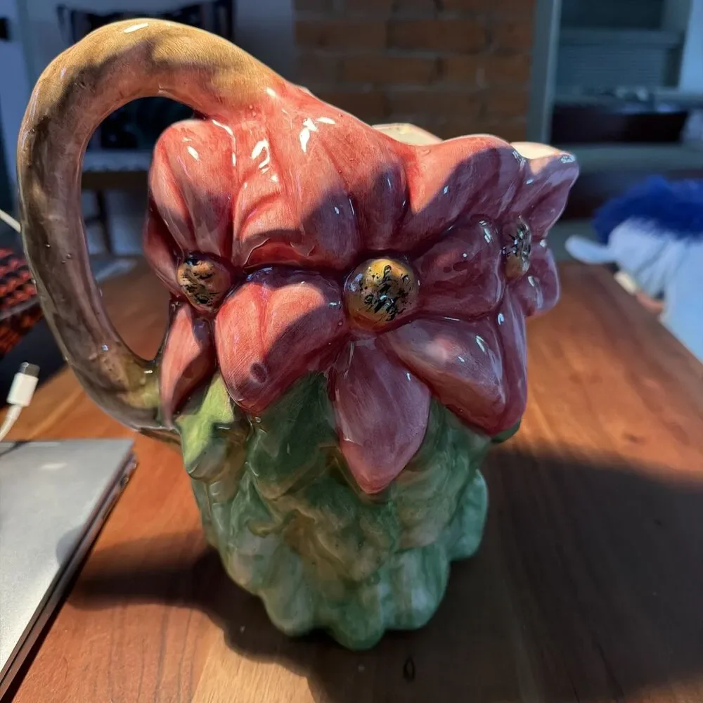 Vintage Neiman Marcus, Italian ceramic poinsettia, pitcher, hand Painted